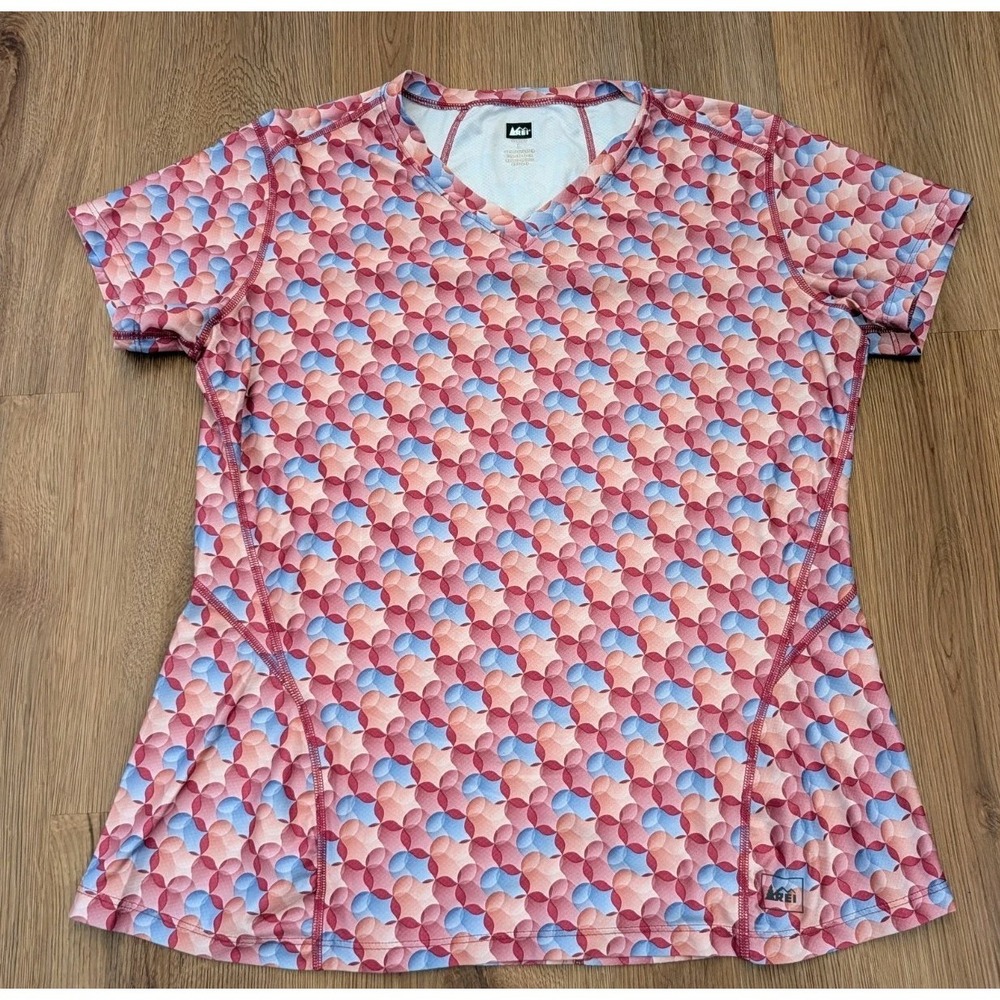 REI Shirt Women L Active Tech Sports Tee Top‎ V-neck Pink Floral Hiking Gorpcore
